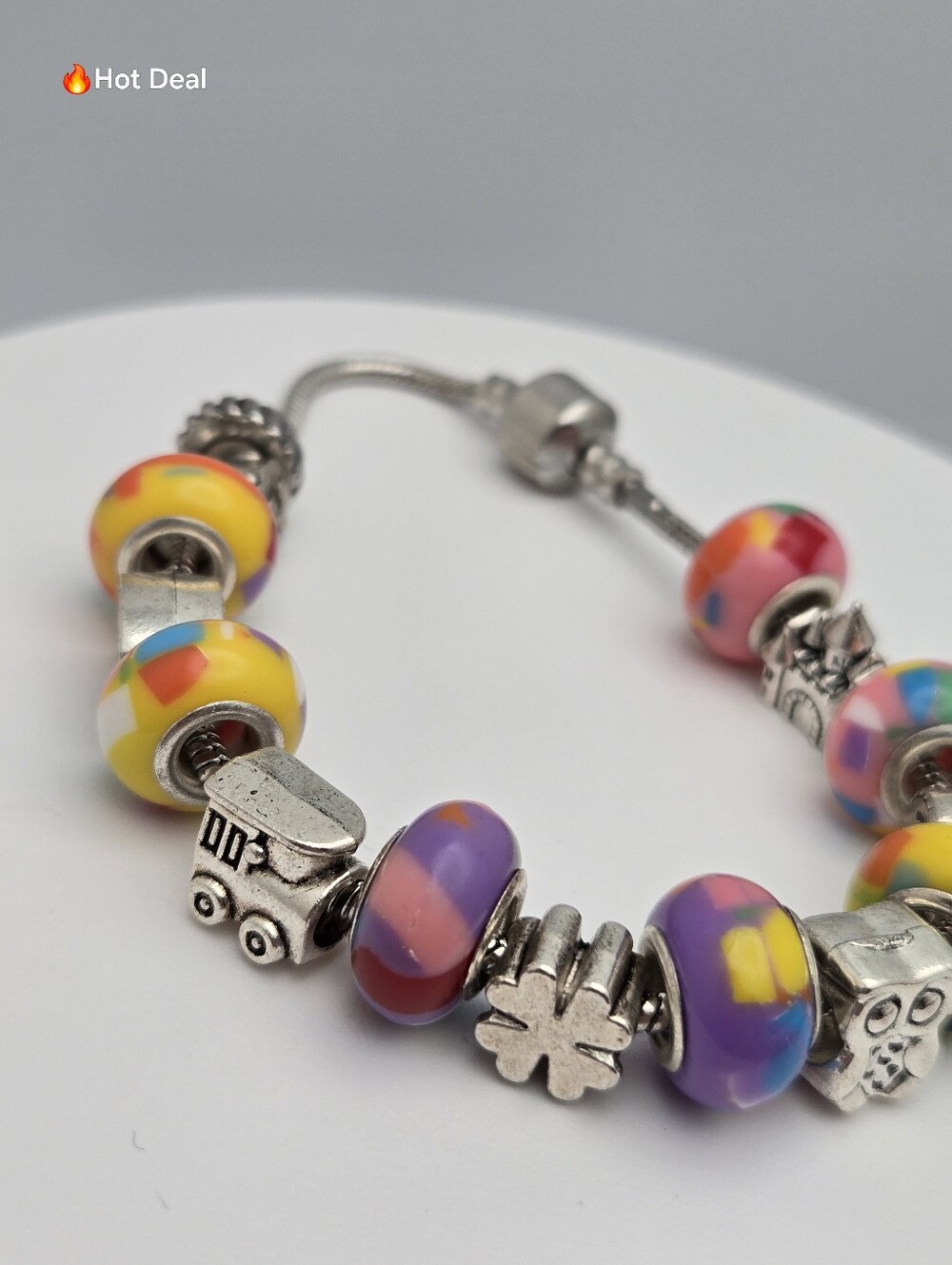 Colorful Charm Bracelet Girl Hope Owl Castle Clover Train 8.5" Pandora Style - Picture 4 of 6